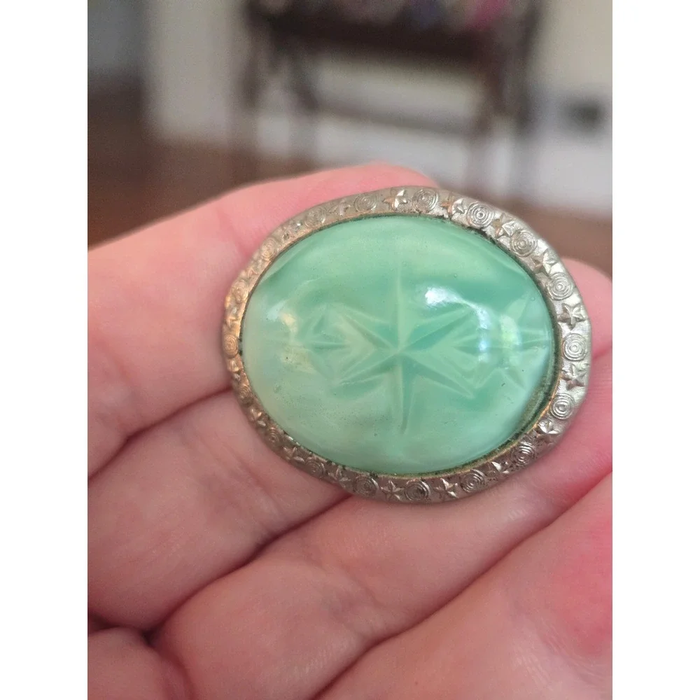 Czech Gilt Gablonz Green Star Satin Glass Brooch Vintage